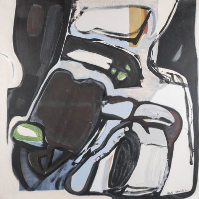an image of a painting of a motorcycle with a helmet on it ' s head