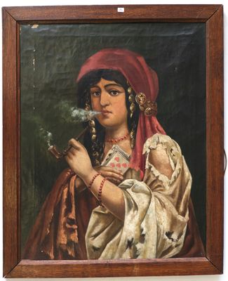 une peinture à l'huile représentant une femme fumant une cigarette et portant un chapeau rouge