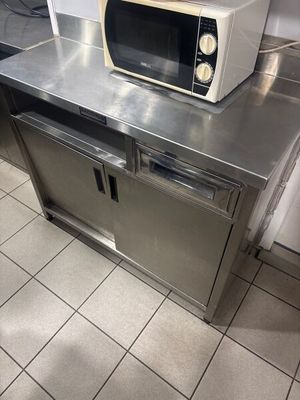 a microwave sitting on top of a counter in a kitchen