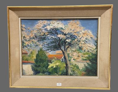 painting of a tree in a garden with a house in the background