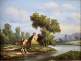 painting of two people walking by a river with a house in the background