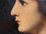 painting of a woman ' s profile in profile with a feathered hat on her head