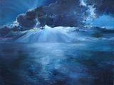 an oil painting of a large cloud over a body of water