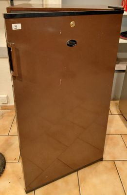 a small brown refrigerator in a kitchen with a cat sitting on the floor