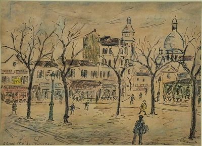 dessin représentant une rue de la ville avec des passants qui marchent sur le trottoir