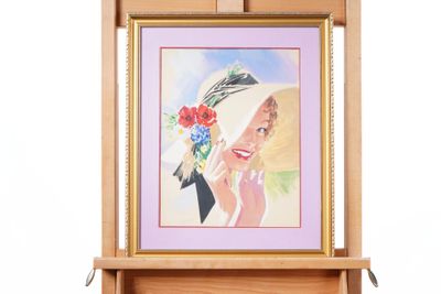 a picture of a woman with a hat and a flower in her hair