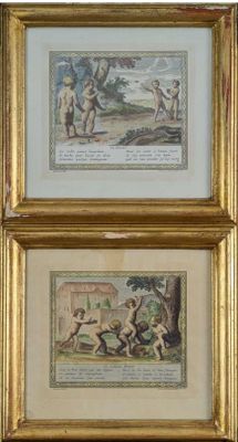 two framed pictures of a man and a woman playing with a dog