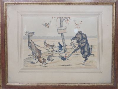 tableau représentant un groupe d'animaux jouant avec un oiseau dans un champ