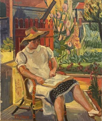 an oil painting of a woman sitting in a chair reading a book
