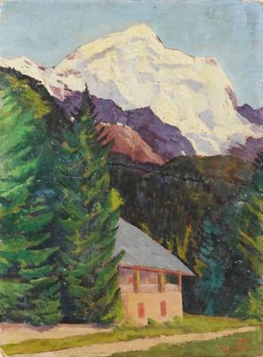 une peinture à l'huile représentant une maison dans un champ, avec une montagne en arrière-plan