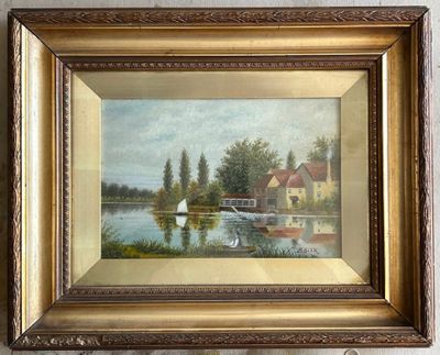 framed oil painting of a boat on a lake with a house in the background