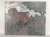 tableau représentant une femme marchant sur un chemin de terre devant un bâtiment en briques rouges