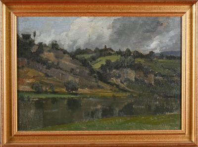 an oil painting of a landscape with a river and hills