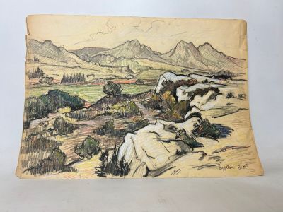 a drawing of a landscape with mountains in the background
