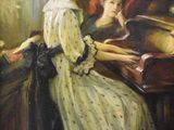 painting of a woman sitting at a piano in front of a mirror