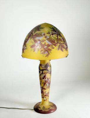 une photo d'une lampe de table avec un abat-jour jaune