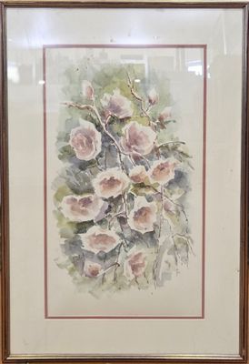 framed watercolor painting of a bouquet of pink flowers in a wooden frame