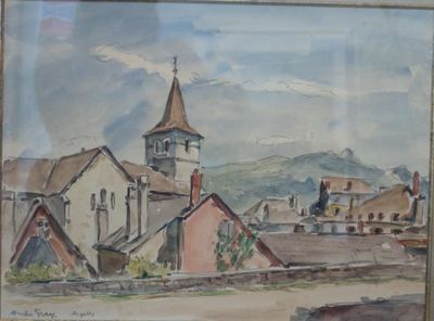 une photo d'un tableau représentant une ville avec une tour horloge
