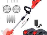 a red corded string trimmer with two circular blades and two circular cutters