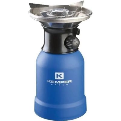 un réchaud de camping Kemper bleu, avec le couvercle ouvert
