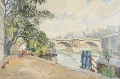 a painting of a bridge over a river next to a building