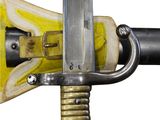 a close up of a sword with a yellow handle