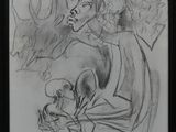 drawing of a man and a woman sitting in front of a painting