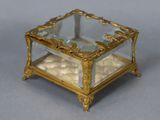 a small glass box with a gold frame on it