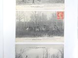 three black and white photographs of men on horses in a field