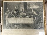 tableau représentant un groupe de personnes assises autour d'une table en compagnie d'un chat