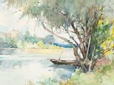 a watercolor painting of a boat on the water