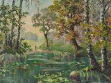 un tableau représentant un étang avec des nénuphars
