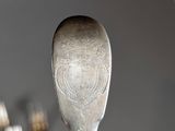 a silver spoon with a design on it sitting in front of a row of silver spoons