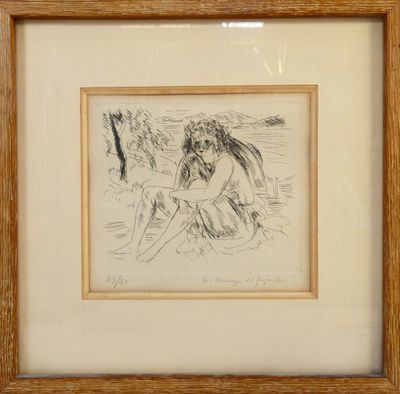 a drawing of a woman sitting on the beach in a wooden frame