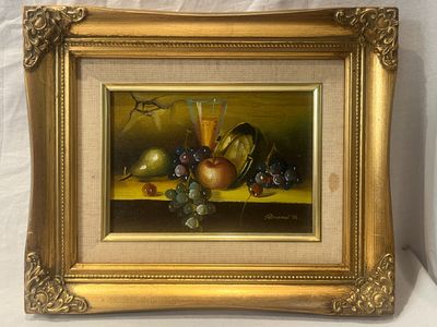painting of a still life of fruit and a glass on a table