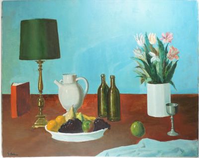 a painting of a table with a bowl of fruit and a vase of flowers