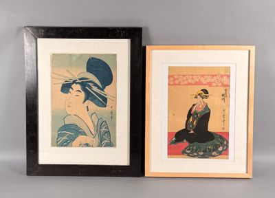 deux estampes japonaises encadrées représentant une femme en robe bleue et une femme au chapeau noir