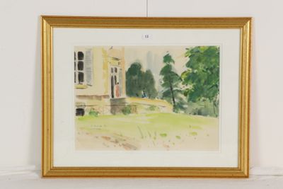 aquarelle encadrée représentant une maison dans un champ bordé d'arbres