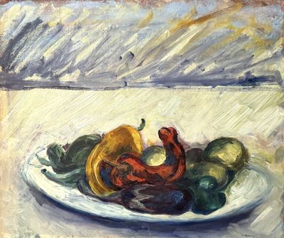 a painting of a plate of fruit and vegetables on a table