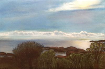 a painting of a view of the ocean from a hill