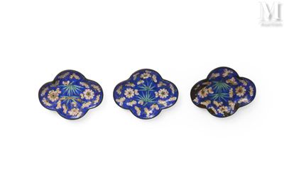 trois petites fleurs bleues et blanches sur fond blanc