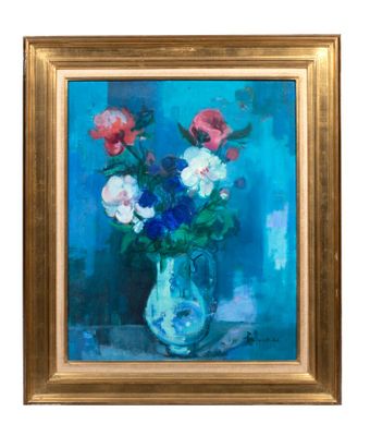 une peinture de fleurs dans un vase sur une table