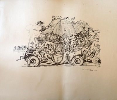 un dessin représentant un groupe de personnes dans une voiture