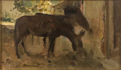 a painting of a donkey eating grass in a barn