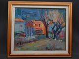an oil painting of a house and a tree in front of a black wall