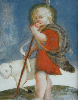 an image of a painting of a child with a stick and a dog
