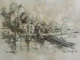 sketches of a drawing of a village by the water