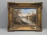 an image of a painting of a river scene with a windmill in the distance