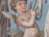 an image of a painting of a baby being held up by two angels