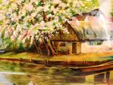 a painting of a boat on the water next to a house